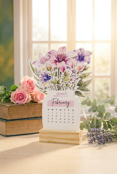 Personalised 2026 Desk Calendar - Floral Vase with Wooden Stand - Chatterbox Labels - 