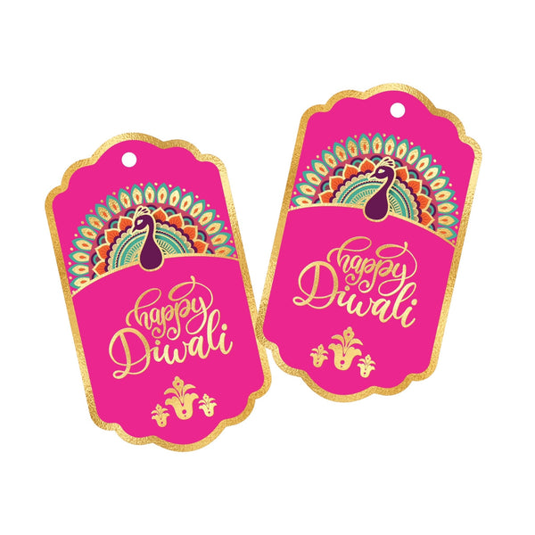 Happy Diwali Gold Foil Gift Tags - Royal Peacock Tags - Fuchsia Pink - Chatterbox Labels - Gift Tags