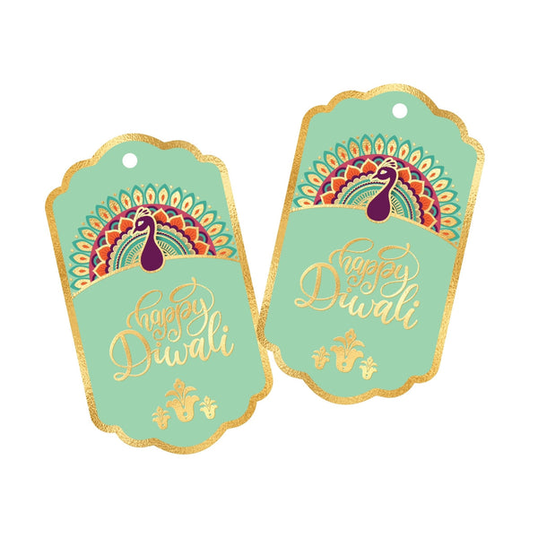 Happy Diwali Gold Foil Gift Tags - Royal Peacock Tags - Pistachio - Chatterbox Labels - Gift Tags