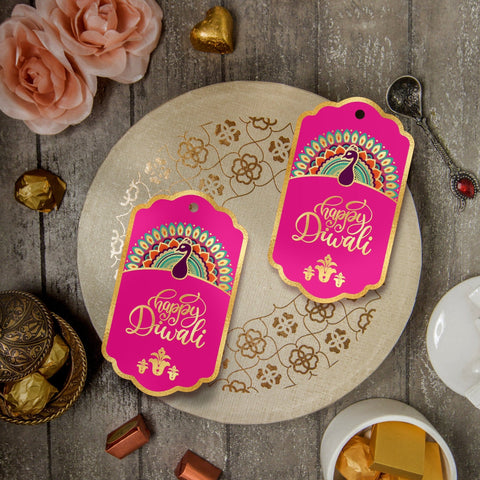 Happy Diwali Gold Foil Gift Tags - Royal Peacock Tags - Fuchsia Pink - Chatterbox Labels - Gift Tags