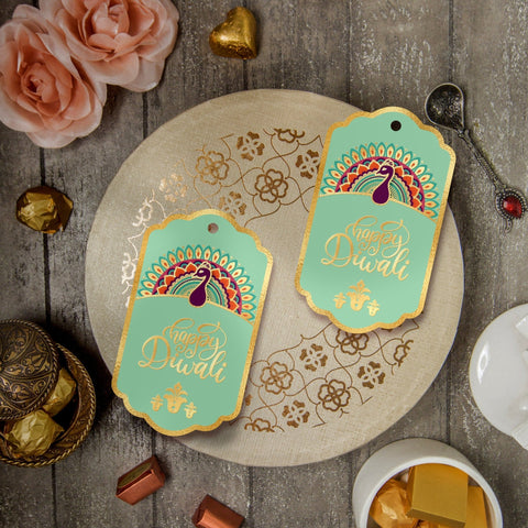 Happy Diwali Gold Foil Gift Tags - Royal Peacock Tags - Pistachio - Chatterbox Labels - Gift Tags