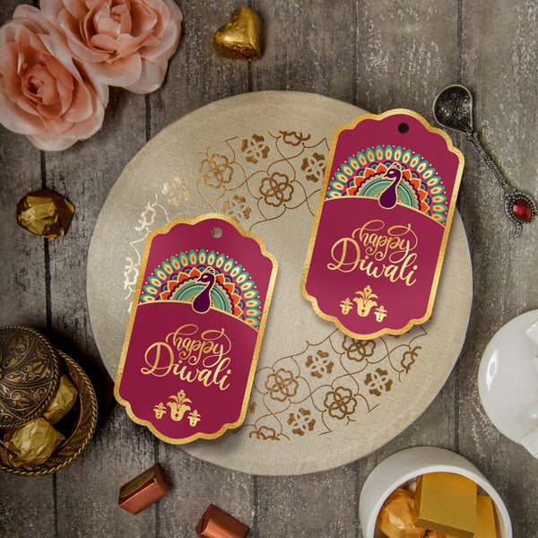Happy Diwali Gold Foil Gift Tags - Royal Peacock Tags - Brown - Chatterbox Labels - Gift Tags