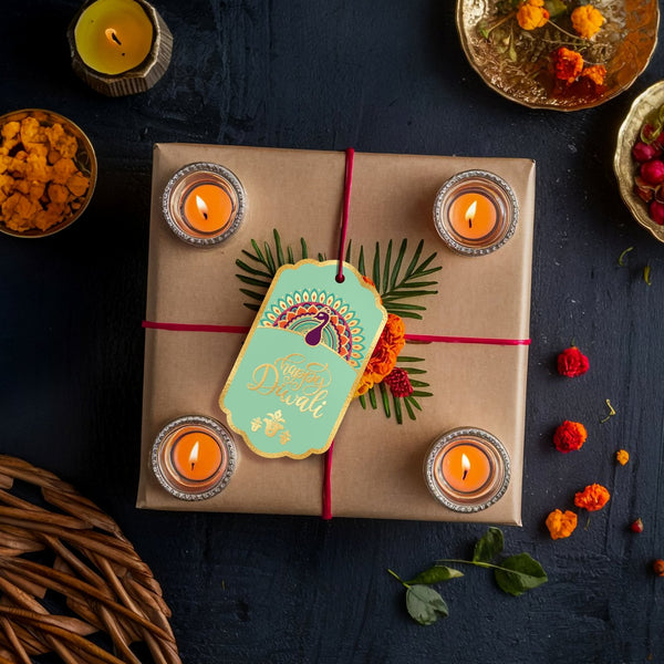 Happy Diwali Gold Foil Gift Tags - Royal Peacock Tags - Pistachio - Chatterbox Labels - Gift Tags