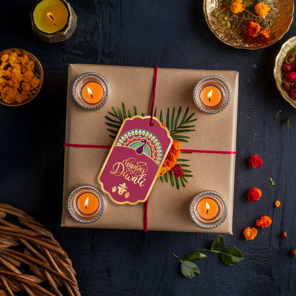 Happy Diwali Gold Foil Gift Tags - Royal Peacock Tags - Brown - Chatterbox Labels - Gift Tags