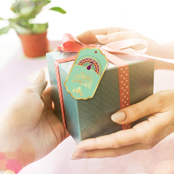 Happy Diwali Gold Foil Gift Tags - Royal Peacock Tags - Pistachio - Chatterbox Labels - Gift Tags