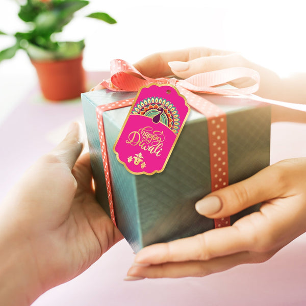 Happy Diwali Gold Foil Gift Tags - Royal Peacock Tags - Fuchsia Pink - Chatterbox Labels - Gift Tags