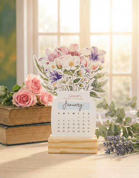 Personalised 2026 Desk Calendar - Floral Vase with Wooden Stand - Chatterbox Labels - 