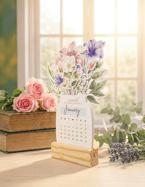Personalised 2026 Desk Calendar - Floral Vase with Wooden Stand - Chatterbox Labels - 