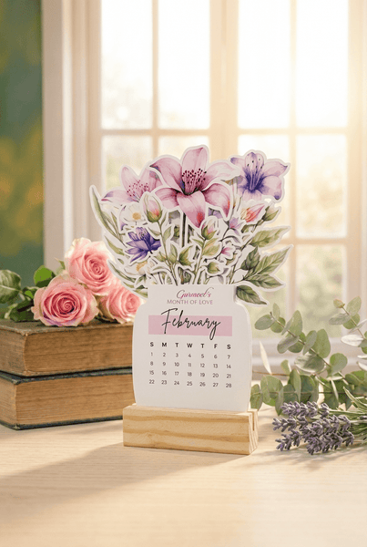 Personalised 2026 Desk Calendar - Floral Vase with Wooden Stand - Chatterbox Labels - 
