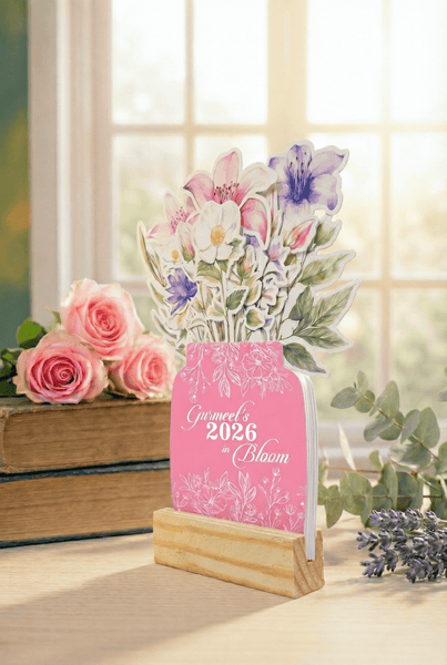 Personalised 2026 Desk Calendar - Floral Vase with Wooden Stand - Chatterbox Labels - 
