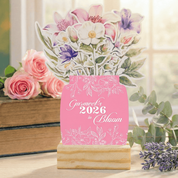Personalised 2026 Desk Calendar - Floral Vase with Wooden Stand - Chatterbox Labels - 