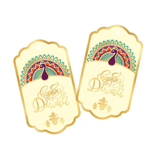 Happy Diwali Gold Foil Gift Tags - Royal Peacock Tags - Ivory - Chatterbox Labels - Gift Tags