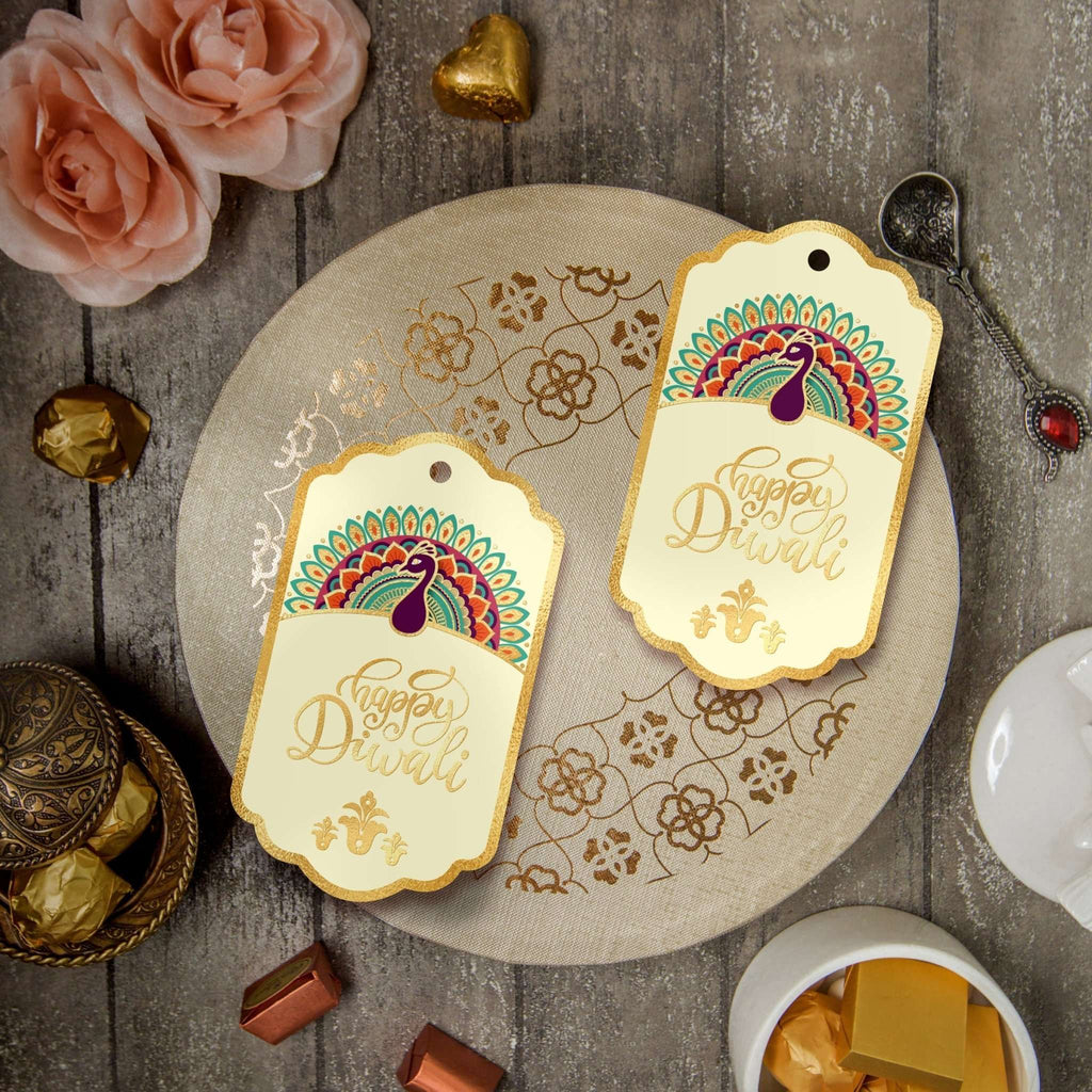 Happy Diwali Gold Foil Gift Tags - Royal Peacock Tags- Ivory