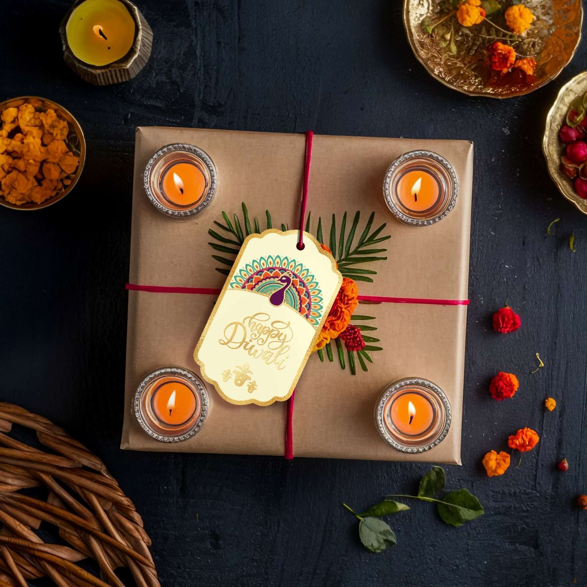 Happy Diwali Gold Foil Gift Tags - Royal Peacock Tags - Ivory - Chatterbox Labels - Gift Tags