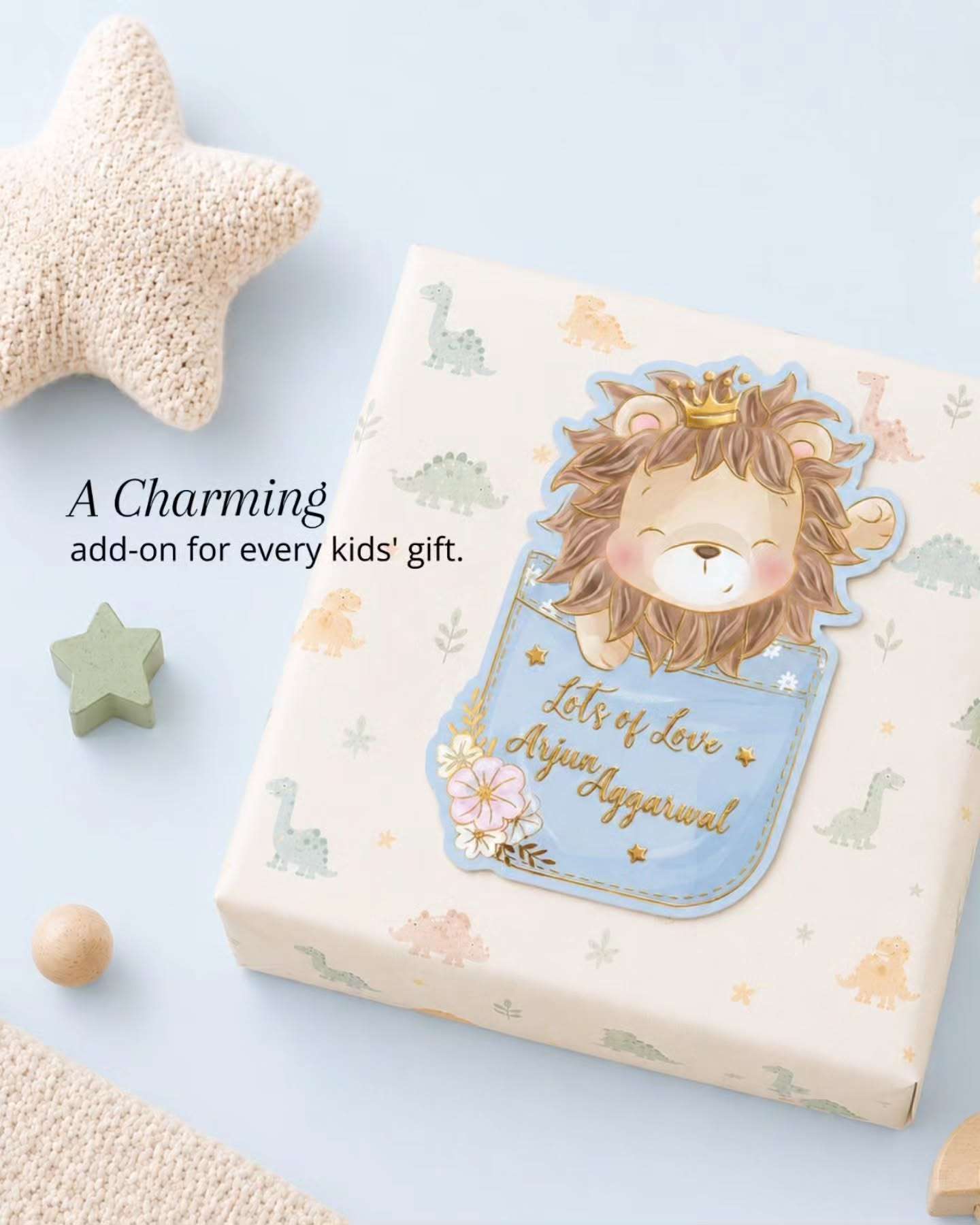 Custom shape Gold Embossed Gift Tags for Kids- Lion Design