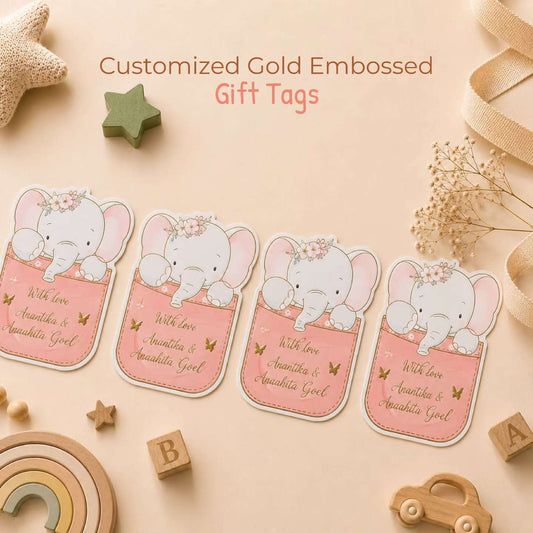 Custom shape Gold Embossed Gift Tags for Kids- Elephant Design