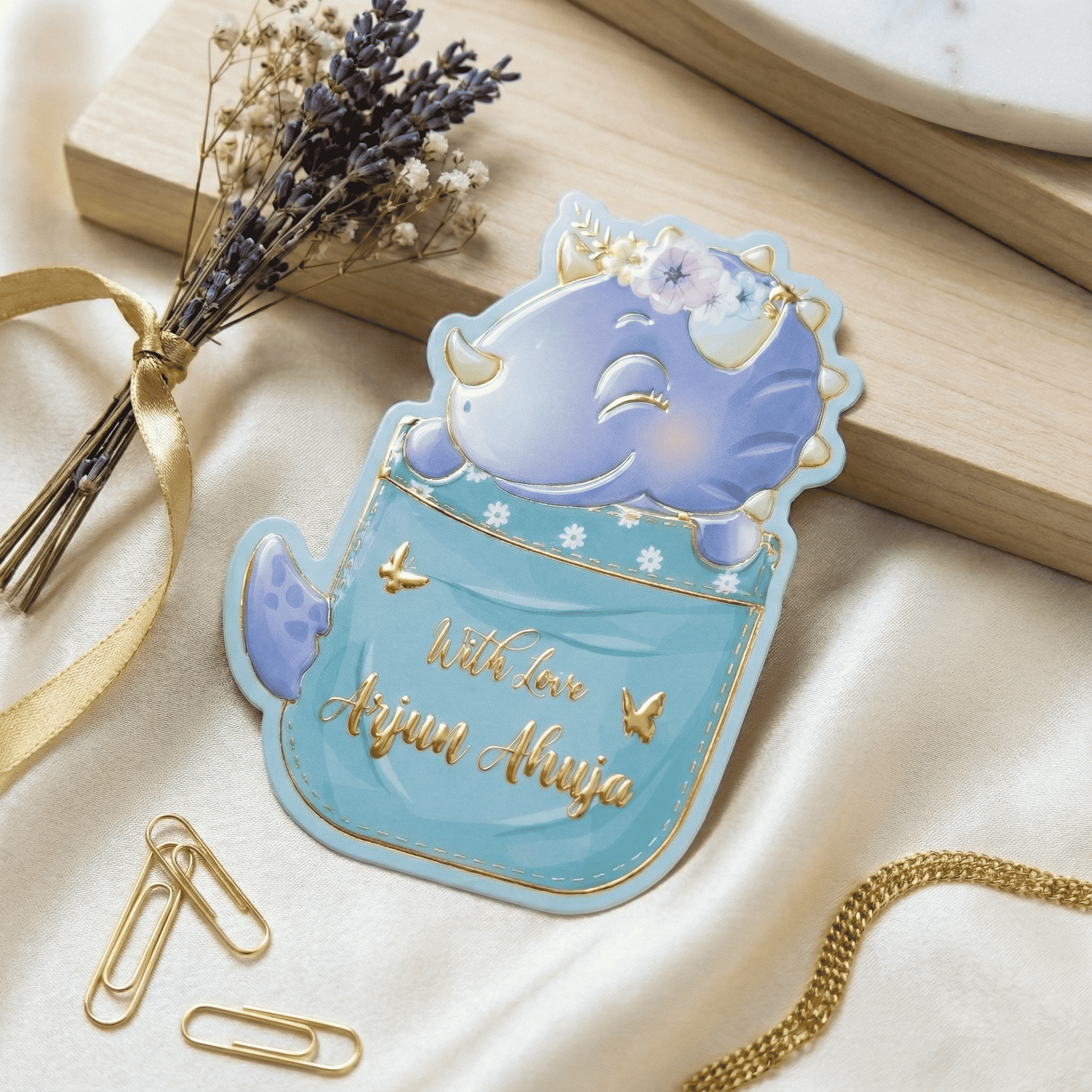 Custom shape Gold Embossed Gift Tags for Kids- Dino Design