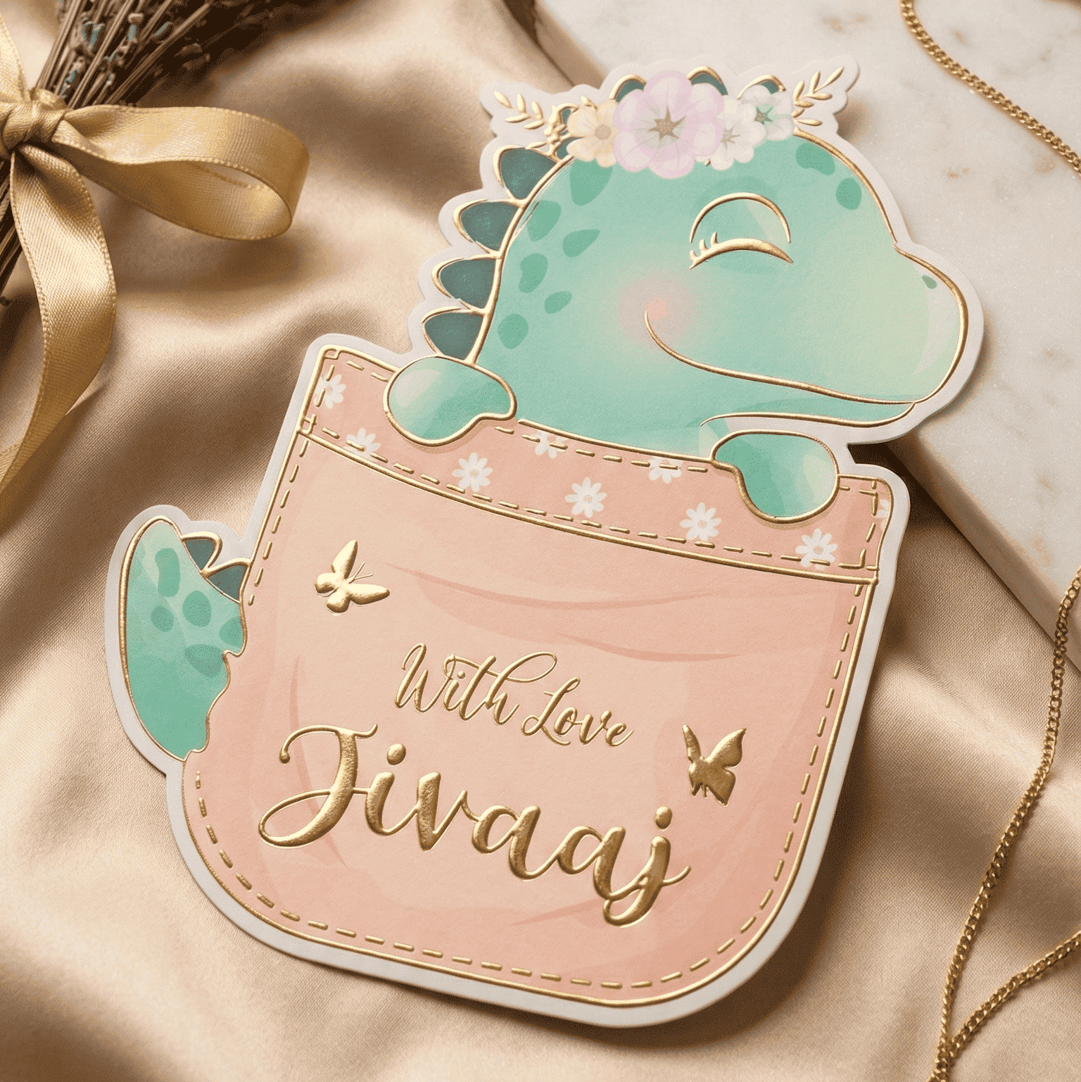 Custom shape Gold Embossed Gift Tags for Kids- Green Dino
