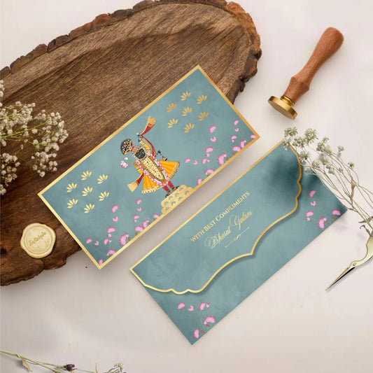 Luxe Gold Foil Money Envelopes - Shreenathji Lotus Motif Olive - Chatterbox Labels - Luxe Envelopes