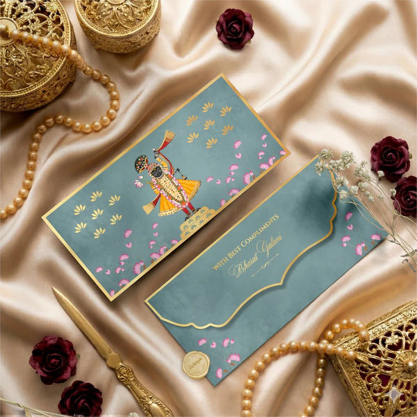 Luxe Gold Foil Money Envelopes - Shreenathji Lotus Motif Olive - Chatterbox Labels - Luxe Envelopes