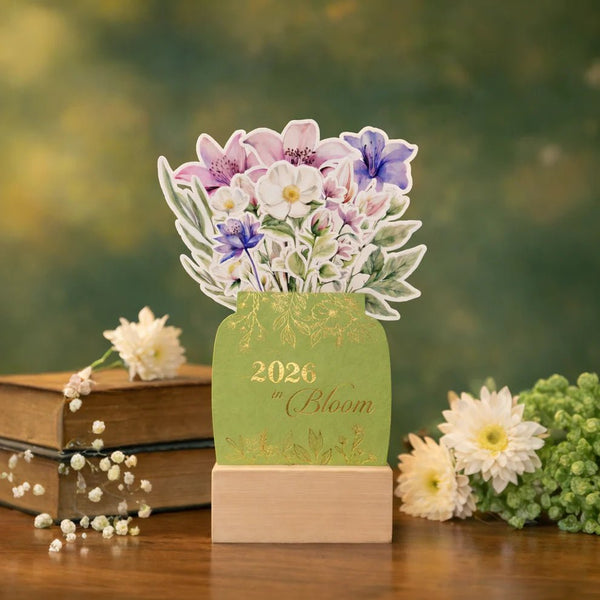 Personalised 2026 Desk Calendar - Floral Vase with Wooden Stand - Chatterbox Labels - 