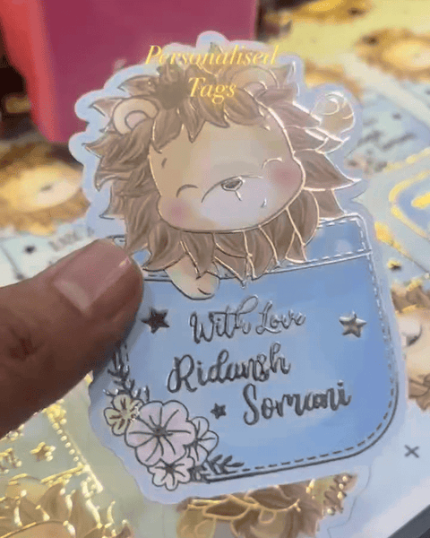 Custom shape Gold Embossed Gift Tags for Kids - Lion Design - Chatterbox Labels - 