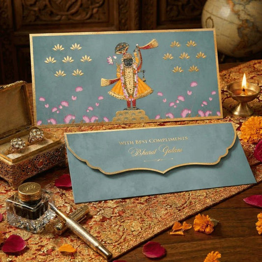 Luxe Gold Foil Money Envelopes - Shreenathji Lotus Motif Olive - Chatterbox Labels - Luxe Envelopes