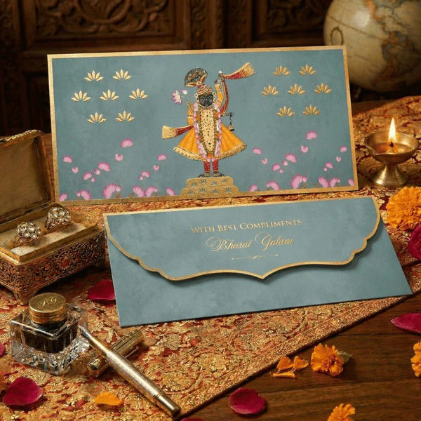 Luxe Gold Foil Money Envelopes - Shreenathji Lotus Motif Olive - Chatterbox Labels - Luxe Envelopes