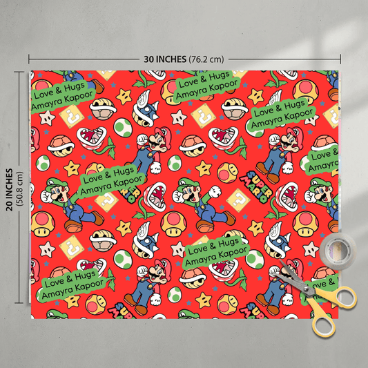 Custom Gift Wrapping Paper for Kids - Happy Mario Theme - Chatterbox Labels - Wrapping Paper