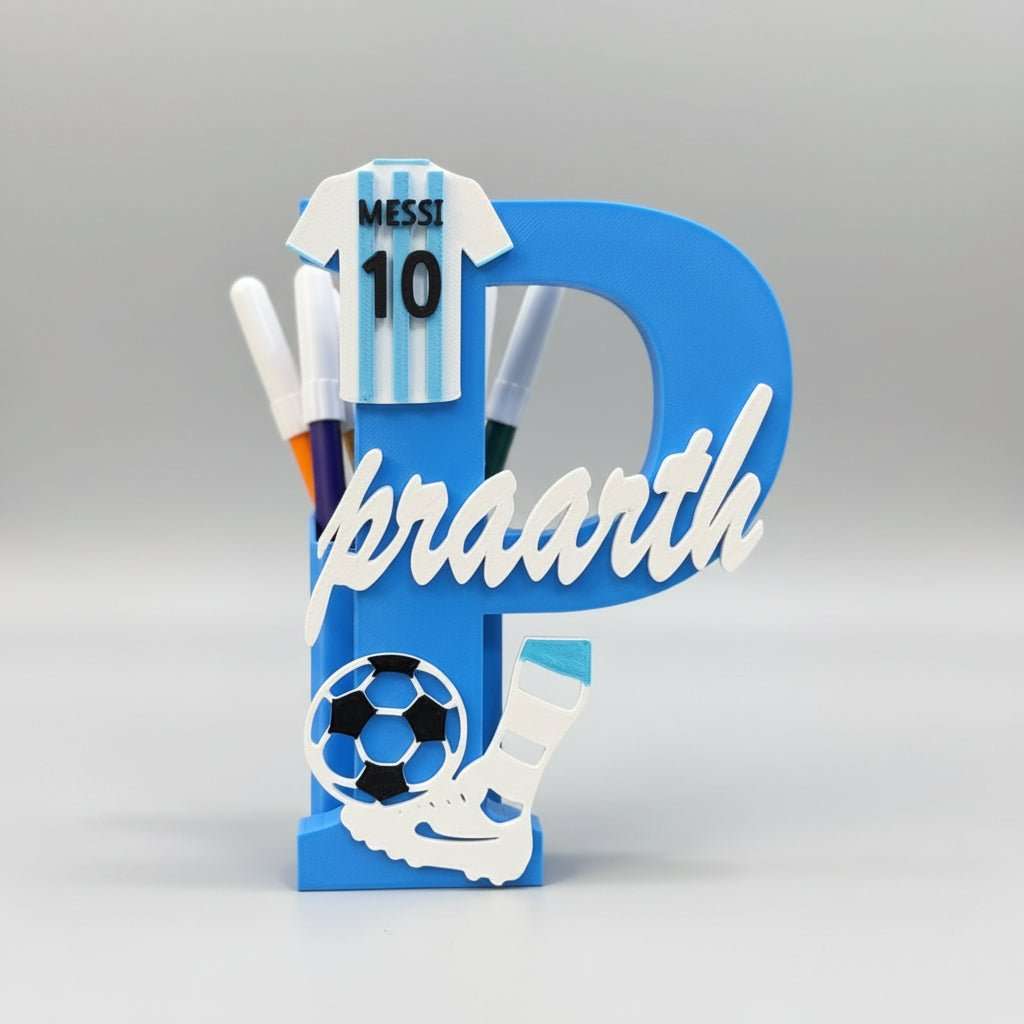 Personalised Name Stand & Pen Holder Football Messi Theme - Chatterbox Labels-3D Printed Gifts