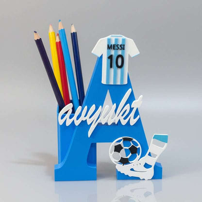 Personalised Name Stand & Pen Holder Football Messi Theme - Chatterbox Labels-3D Printed Gifts