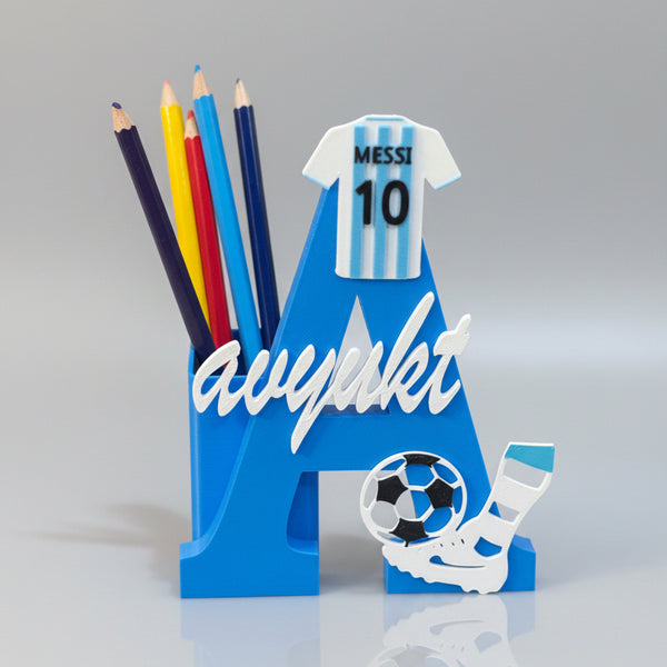 Personalised Name Stand & Pen Holder Football Messi Theme