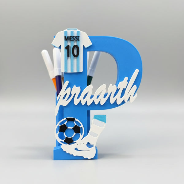 Personalised Name Stand & Pen Holder Football Messi Theme