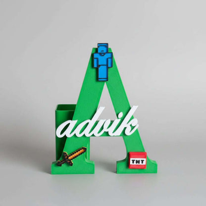 Personalised Name Stand & Pen Holder Minecraft Theme - Chatterbox Labels-3D Printed Gifts