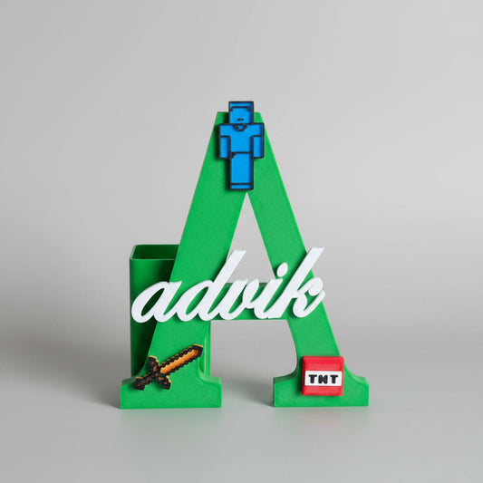 Personalised Name Stand & Pen Holder Minecraft Theme - Chatterbox Labels-3D Printed Gifts