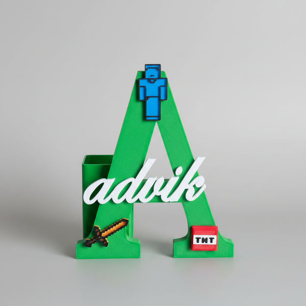 Personalised Name Stand & Pen Holder Minecraft Theme