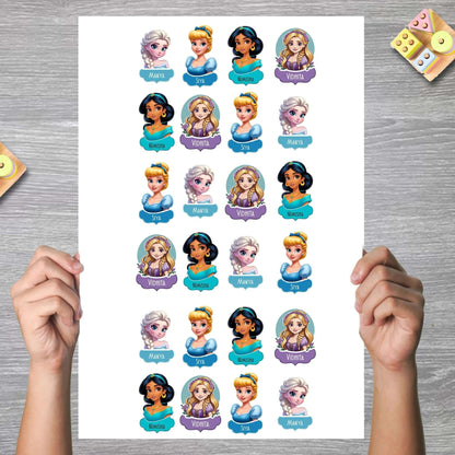 Waterproof Personalised Custom Shape Stickers - Princess Collection - Set of 24 Assorted Set - Design Labels & Stickers