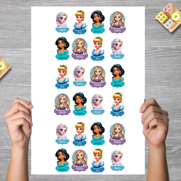 Waterproof Personalised Custom Shape Stickers - Princess Collection - Set of 24 Assorted Set