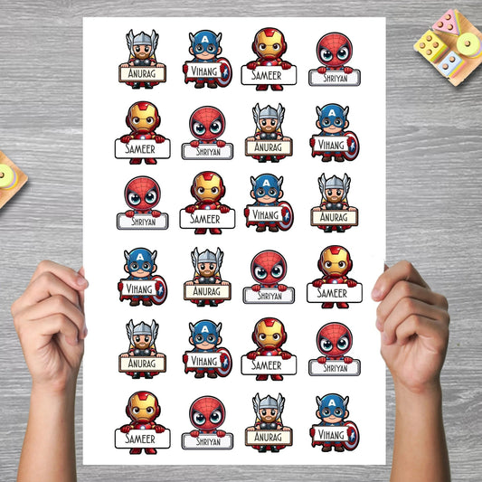 Waterproof Personalised Custom Shape Stickers - Superhero Squad - Set of 24 Assorted Set -  Design Labels & Stickers