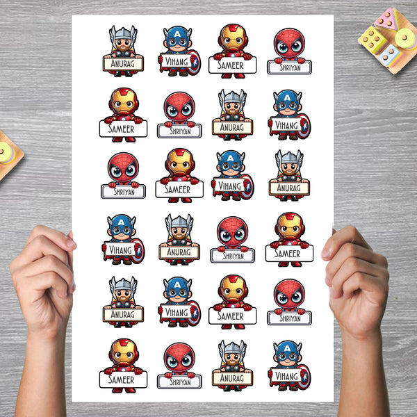 Waterproof Personalised Custom Shape Stickers -Super Hero Squad - Set of 24 Assorted Set