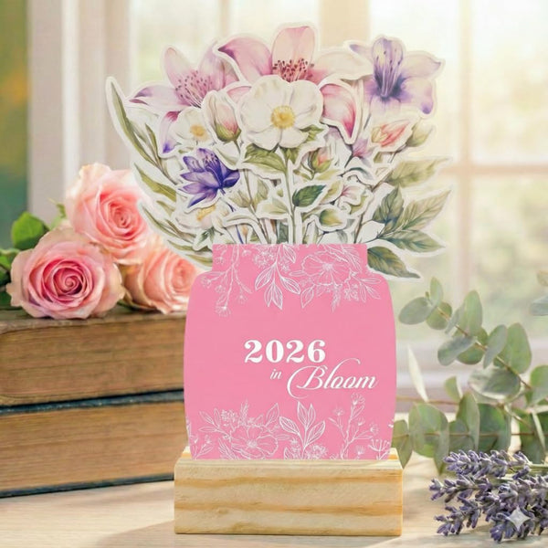 Personalised 2026 Desk Calendar - Floral Vase with Wooden Stand - Chatterbox Labels - 