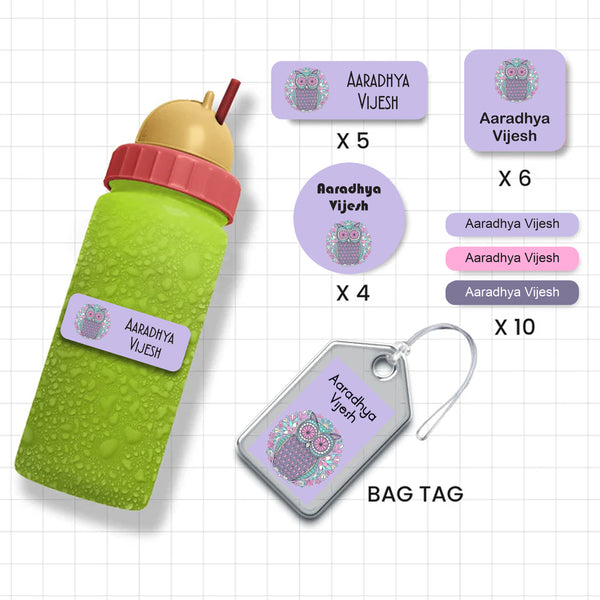 Assorted Shapes Waterproof Labels - Pink Purple Owl Theme
