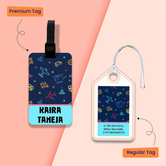Personalized Bag Tags for Kids - Set of 5 - Blue Vehicles - Chatterbox Labels - Luggage Tags
