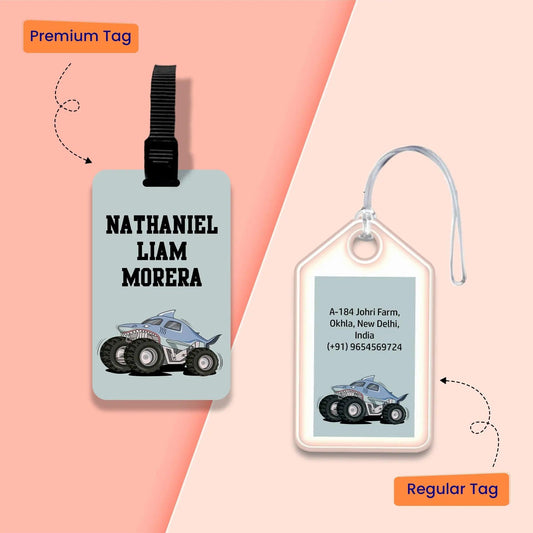 Personalized Bag Tags for Kids - Set of 5 - Monster Truck Design - Chatterbox Labels - Bag Tags