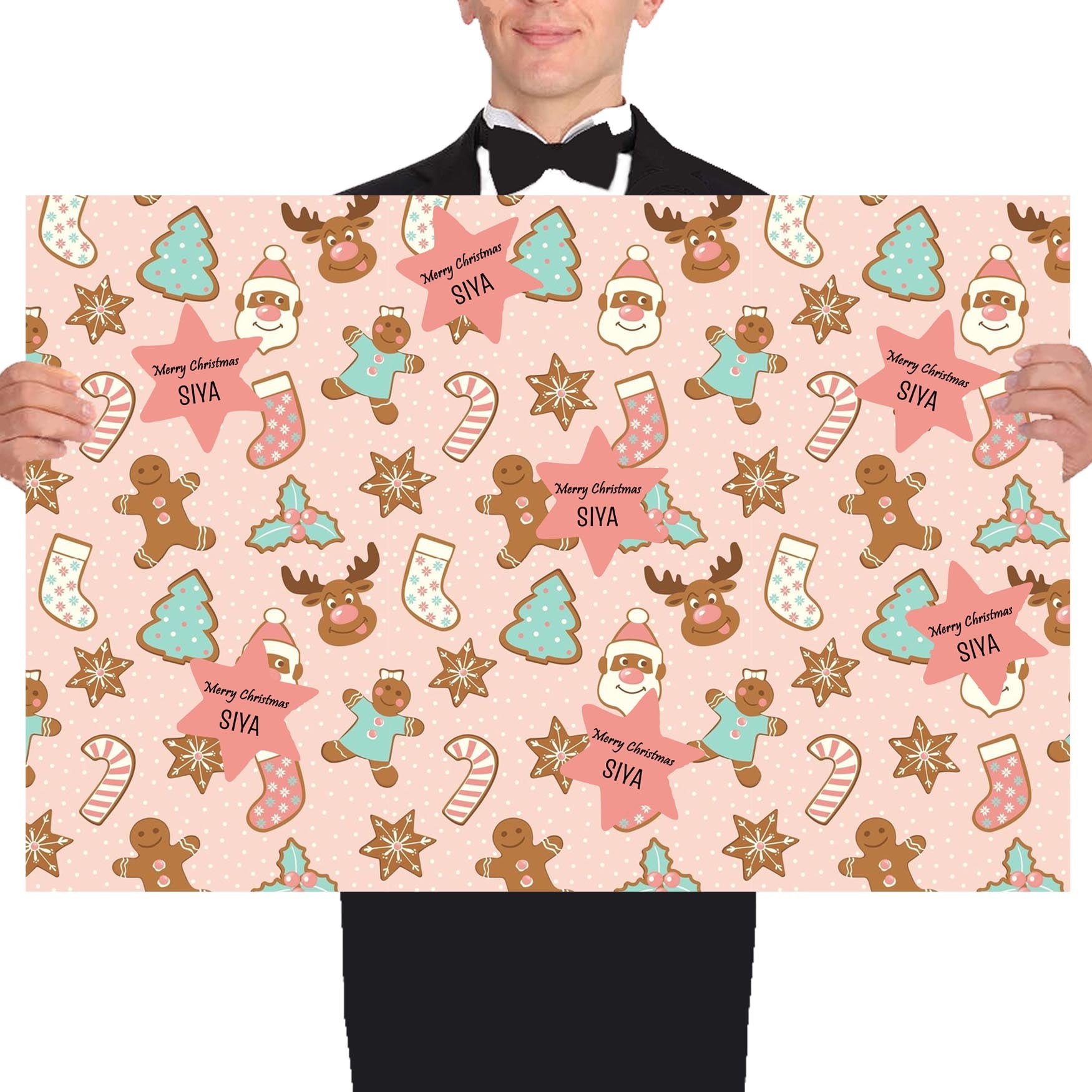 Personalised Merry Christmas Gift Wrapping Paper -Pink Gingerbread Man Theme - 5 Large Sheets