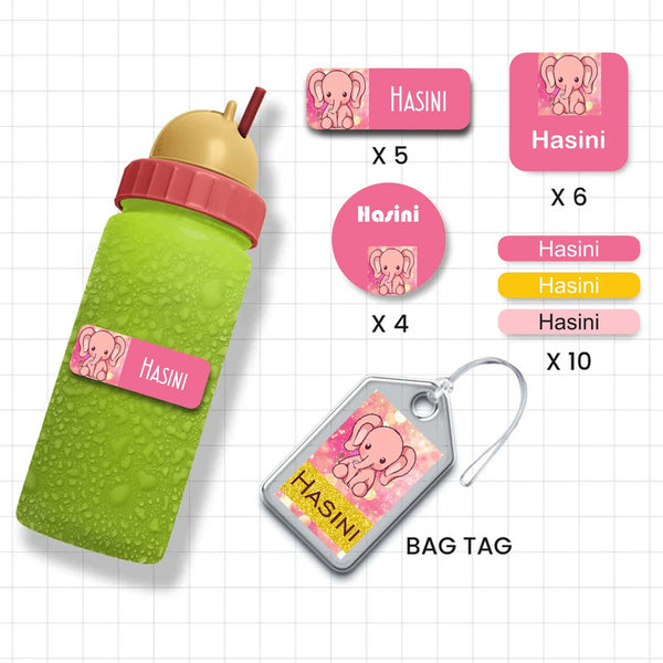 Assorted Shapes Waterproof Labels - Pink Elephant Theme - Chatterbox Labels-Personalised Waterproof Stickers - Opaque