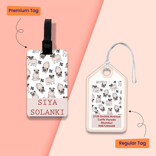 Personalized Bag Tags for Kids - Set of 5 - Pugs Design - Chatterbox Labels - Luggage Tags