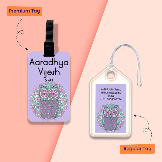 Personalized Bag Tags for Kids - Set of 5 - Purple Owl Design - Chatterbox Labels - Bag Tags