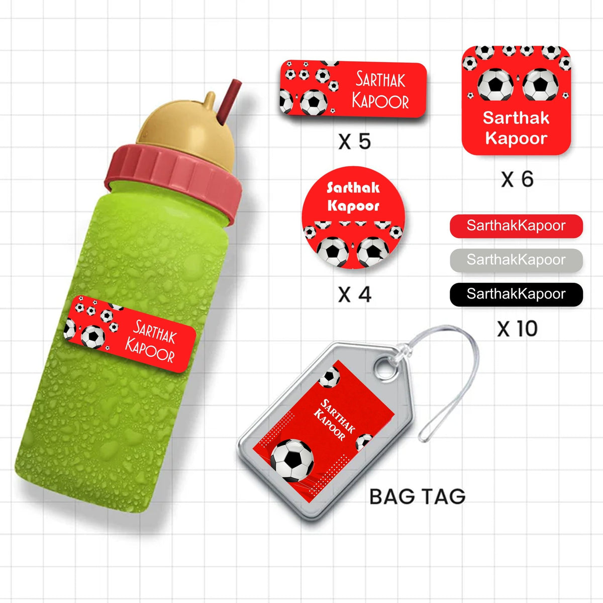 Assorted Shapes Waterproof Labels - Red Football Theme - Chatterbox Labels-Personalised Waterproof Stickers - Opaque