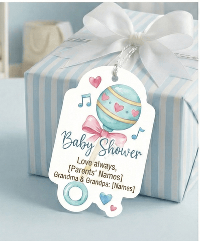 Baby Shower & Birth Announcement Gift Tags in Baby Rattle Design - Chatterbox Labels - Gift Tags
